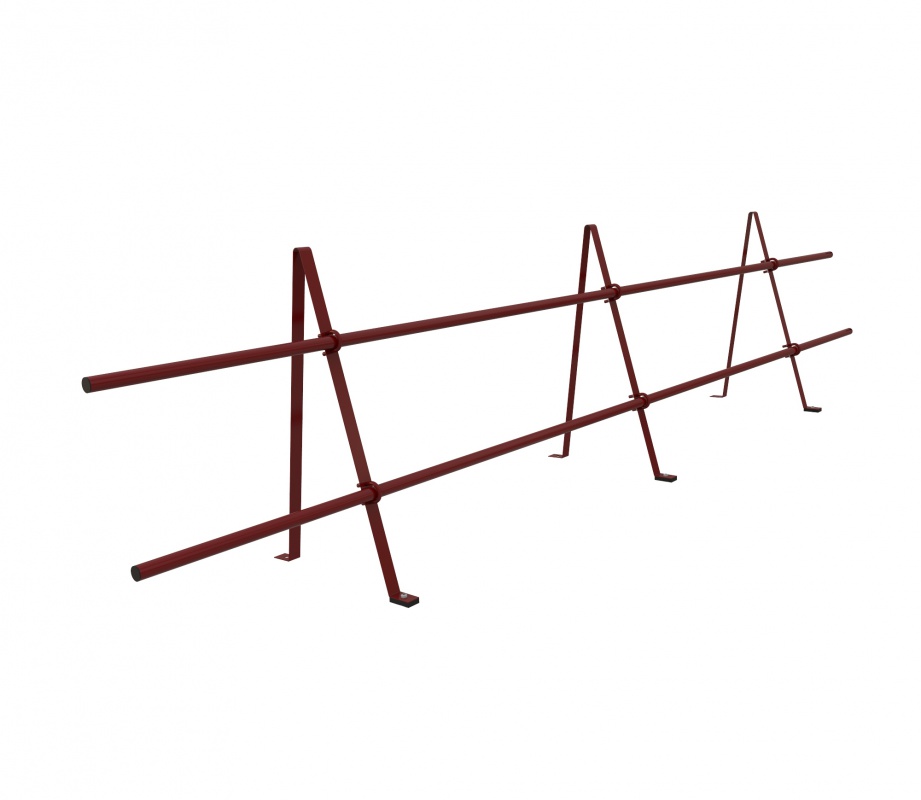  длина: 3 м высота: 0,6 м материал: неоцинкованный металл 2 круглых трубы Ø 25 мм толщиной 0,9 мм, обжаты, с обратной стороны, отверстия для крепления, длина 3 м 3 опоры: состоят из трех деталей - стойка, основание, подкос, толщ. 1,9 мм комплект крепежа порошковая окраска